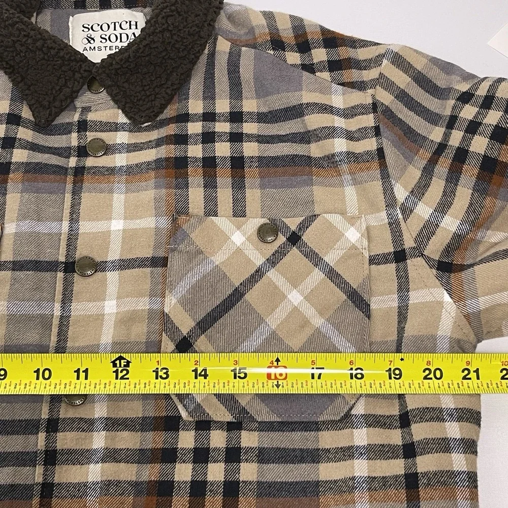 Scotch & Soda Men's Small Tan Brown Mocha Sherpa Lined Plaid Flannel Jacket